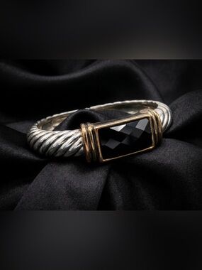 Silver & Gold Tone Hinged Cuff Bracelet Black Faceted Stone